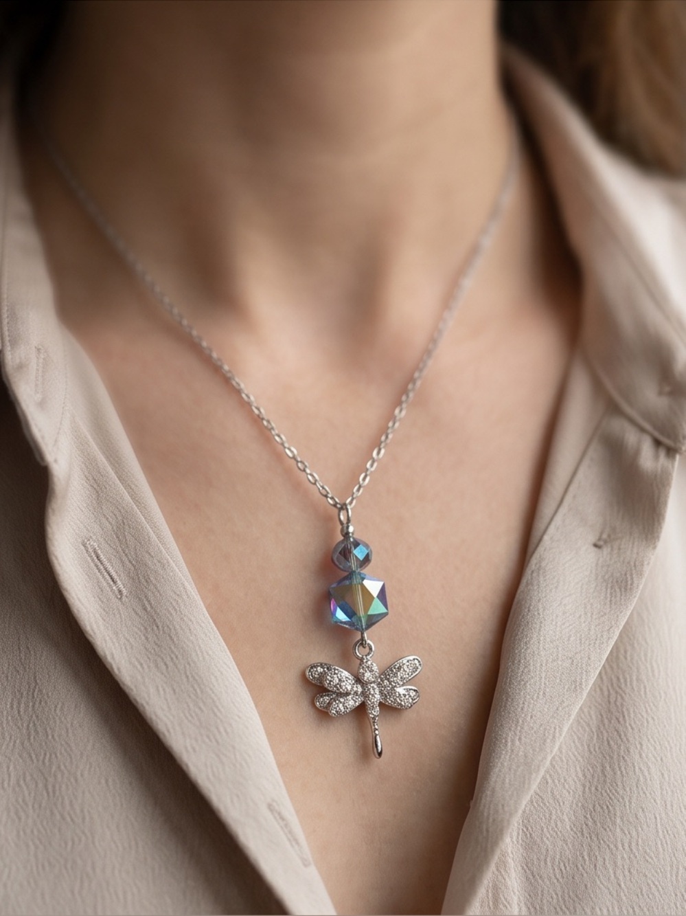 Silver Dragonfly Pendant Necklace in Iridescent Blue - Picture 2 of 5